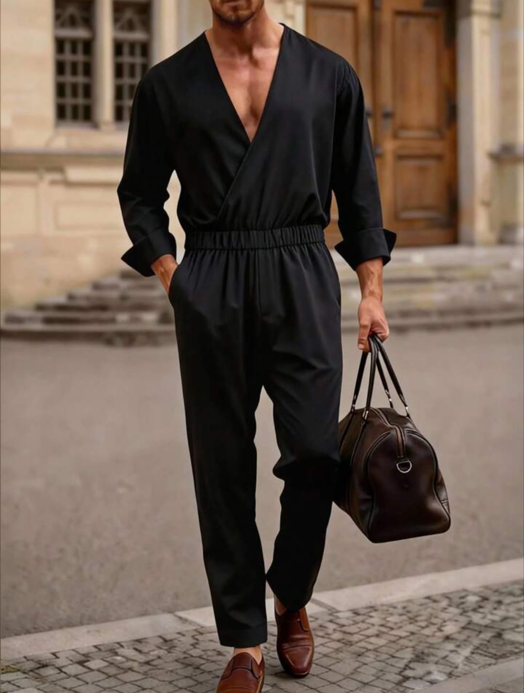Men's Deep V-Neck Long Sleeve Casual Jumpsuit
